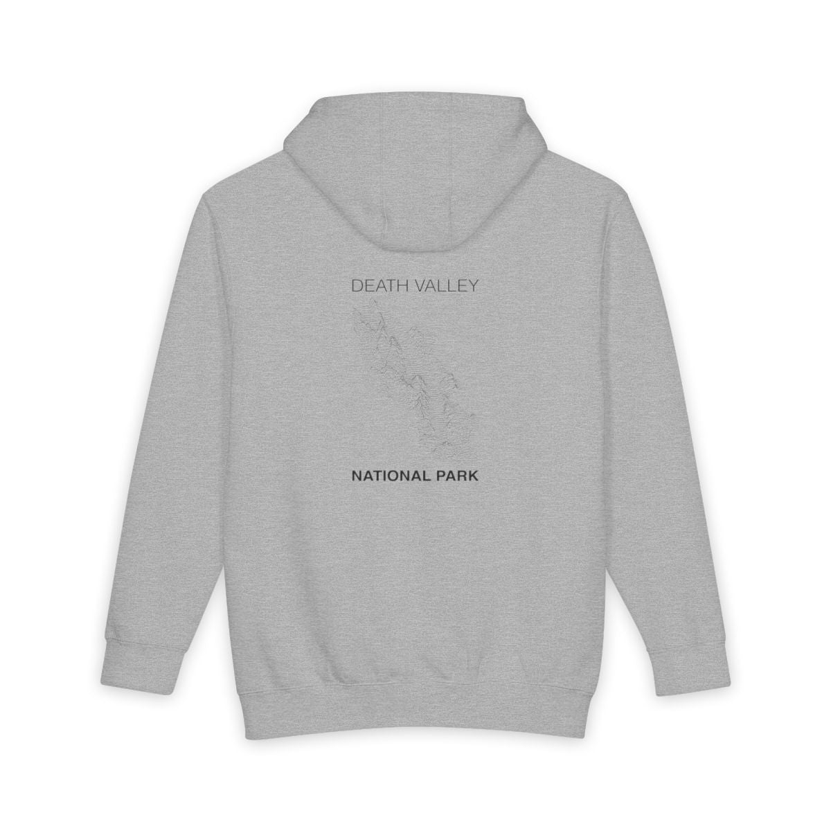 Heather Grey Death Valley National Park hoodie, back view with topographic line design