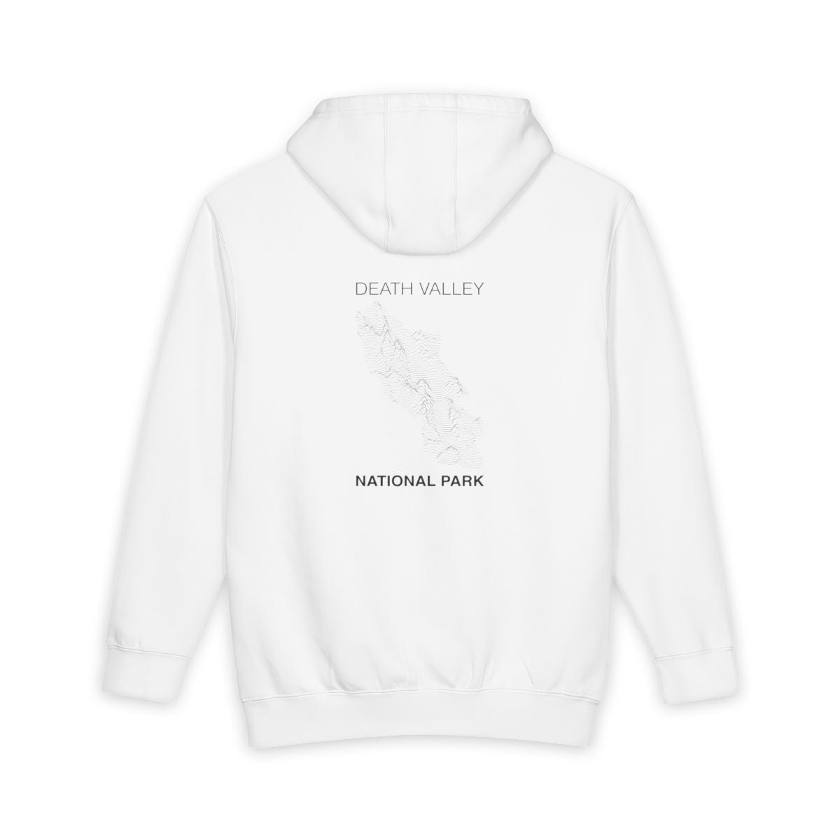 White Death Valley National Park hoodie, back view with topographic line design