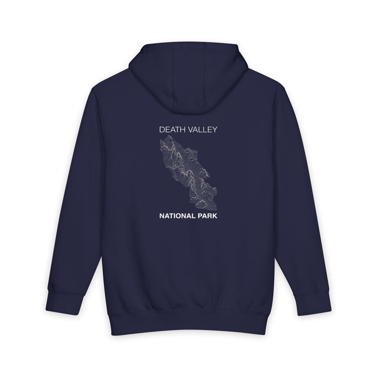 Navy Blue Death Valley National Park hoodie, back view with topographic line design