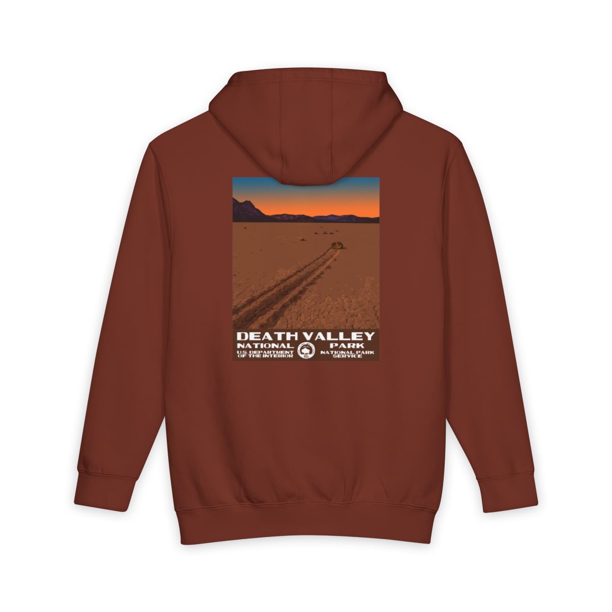 Paprika Death Valley National Park hoodie, back view with racetrack playa poster artwork