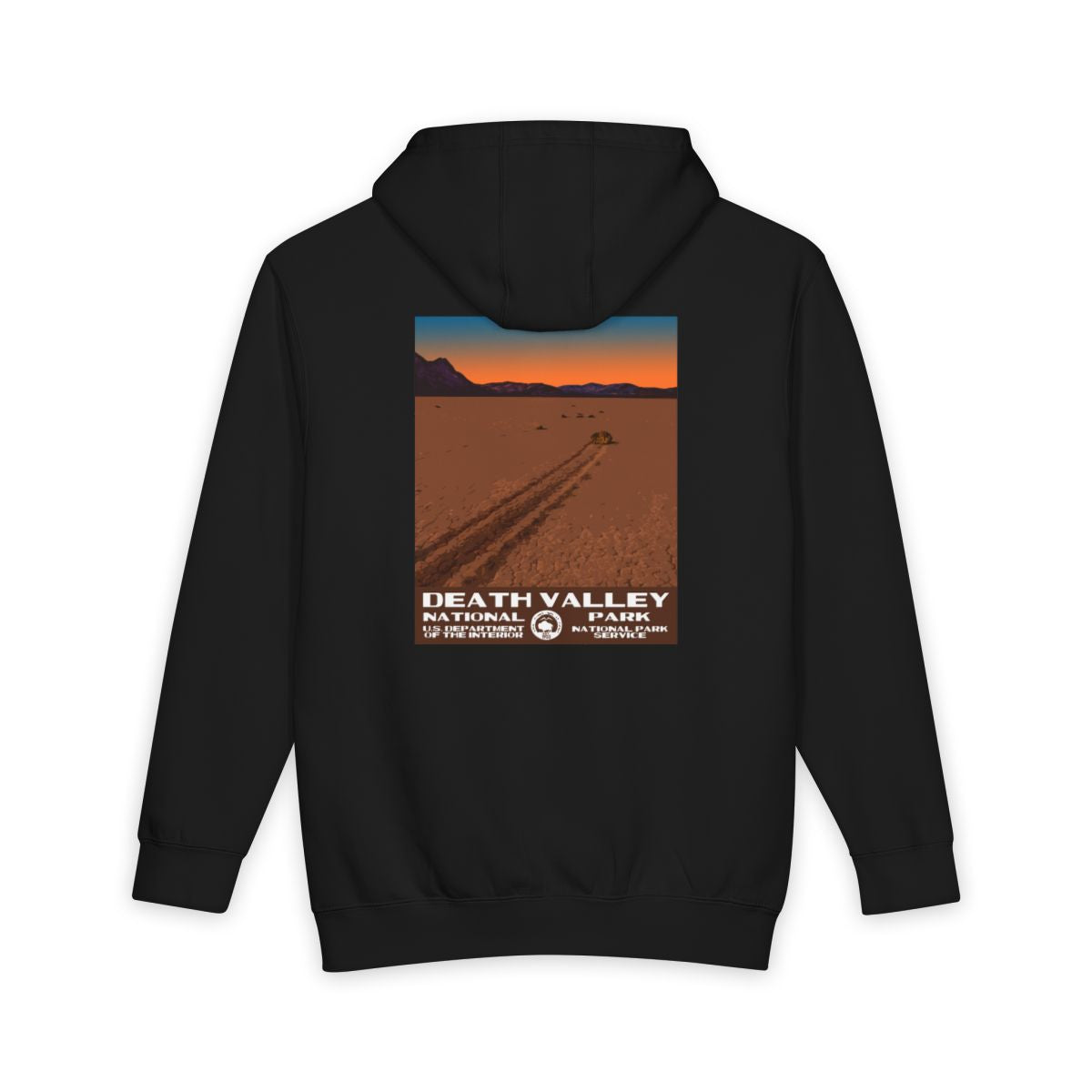 Black Death Valley National Park hoodie, back view with racetrack playa poster artwork