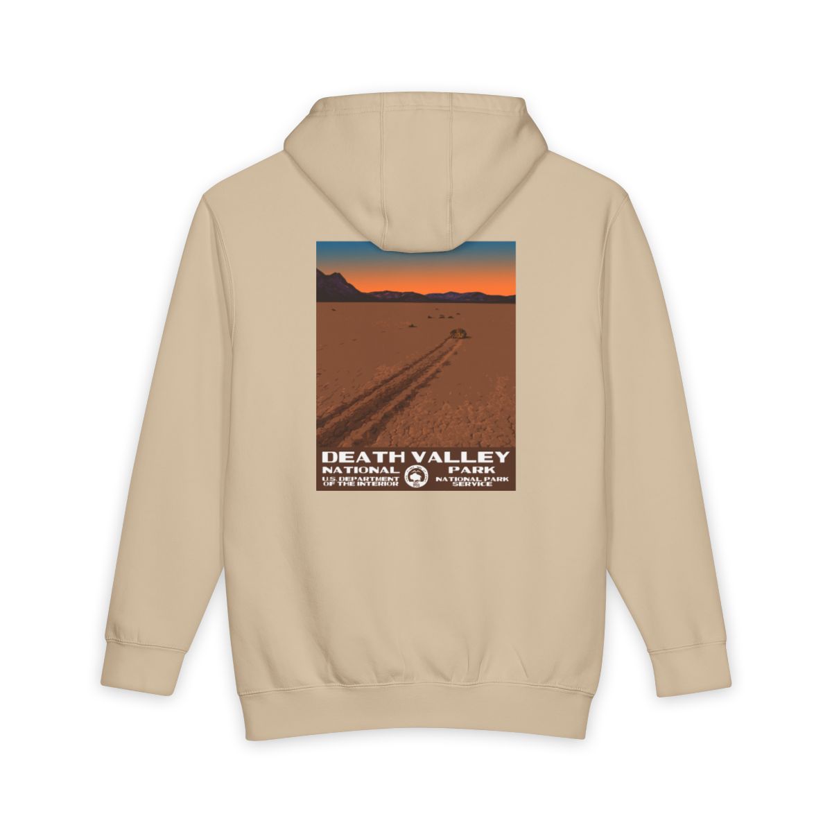 Mushroom Death Valley National Park hoodie, back view with racetrack playa poster artwork