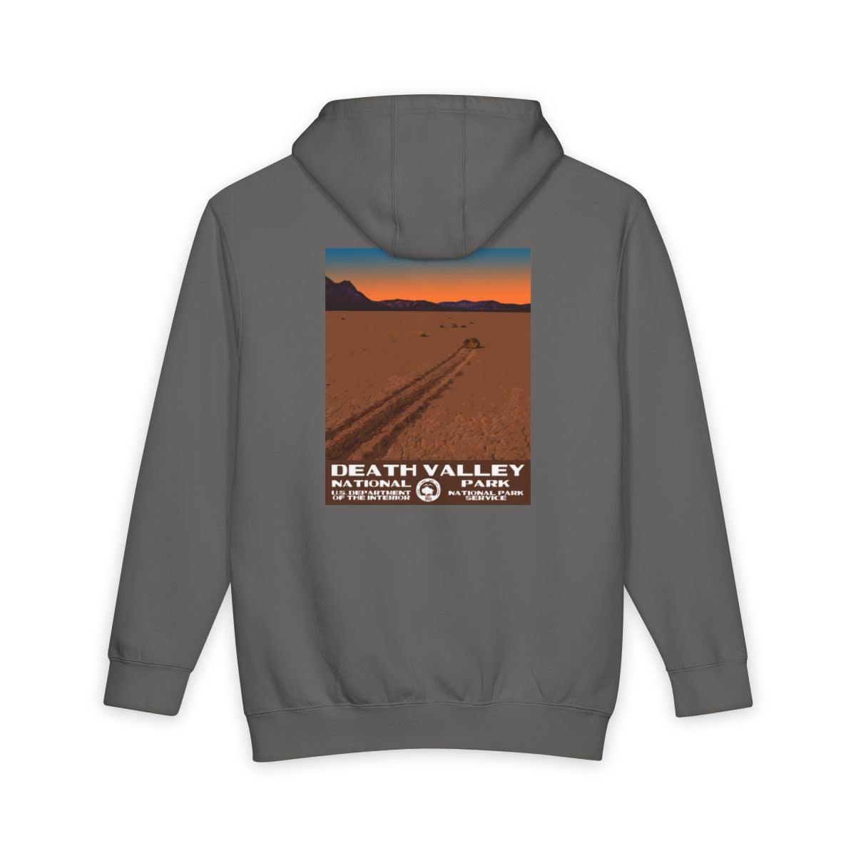 Storm Death Valley National Park hoodie, back view with racetrack playa poster artwork