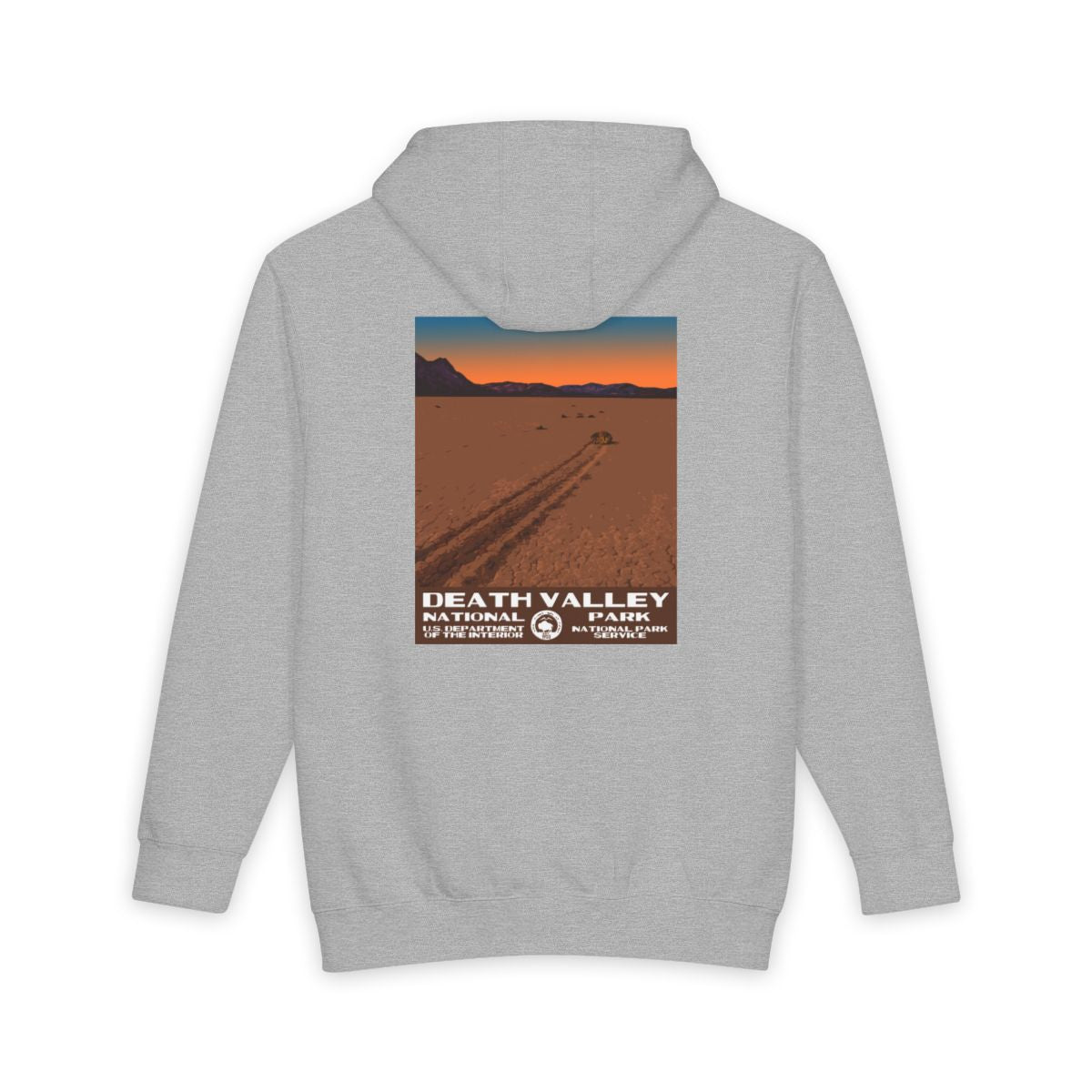 Heather Grey Death Valley National Park hoodie, back view with racetrack playa poster artwork