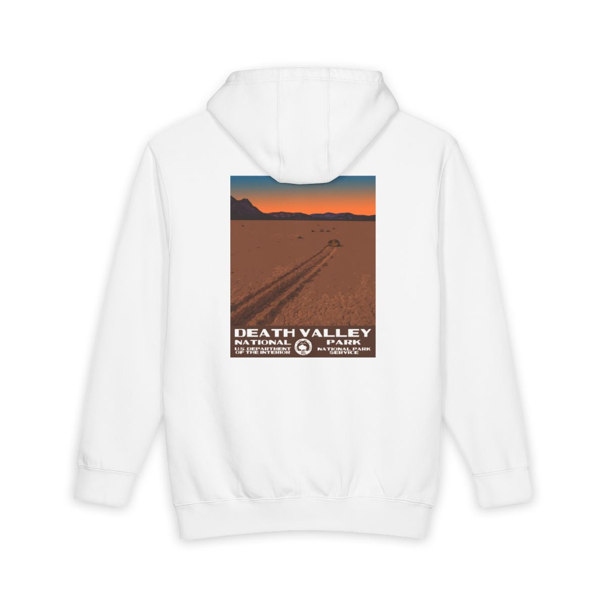 White Death Valley National Park hoodie, back view with racetrack playa poster artwork