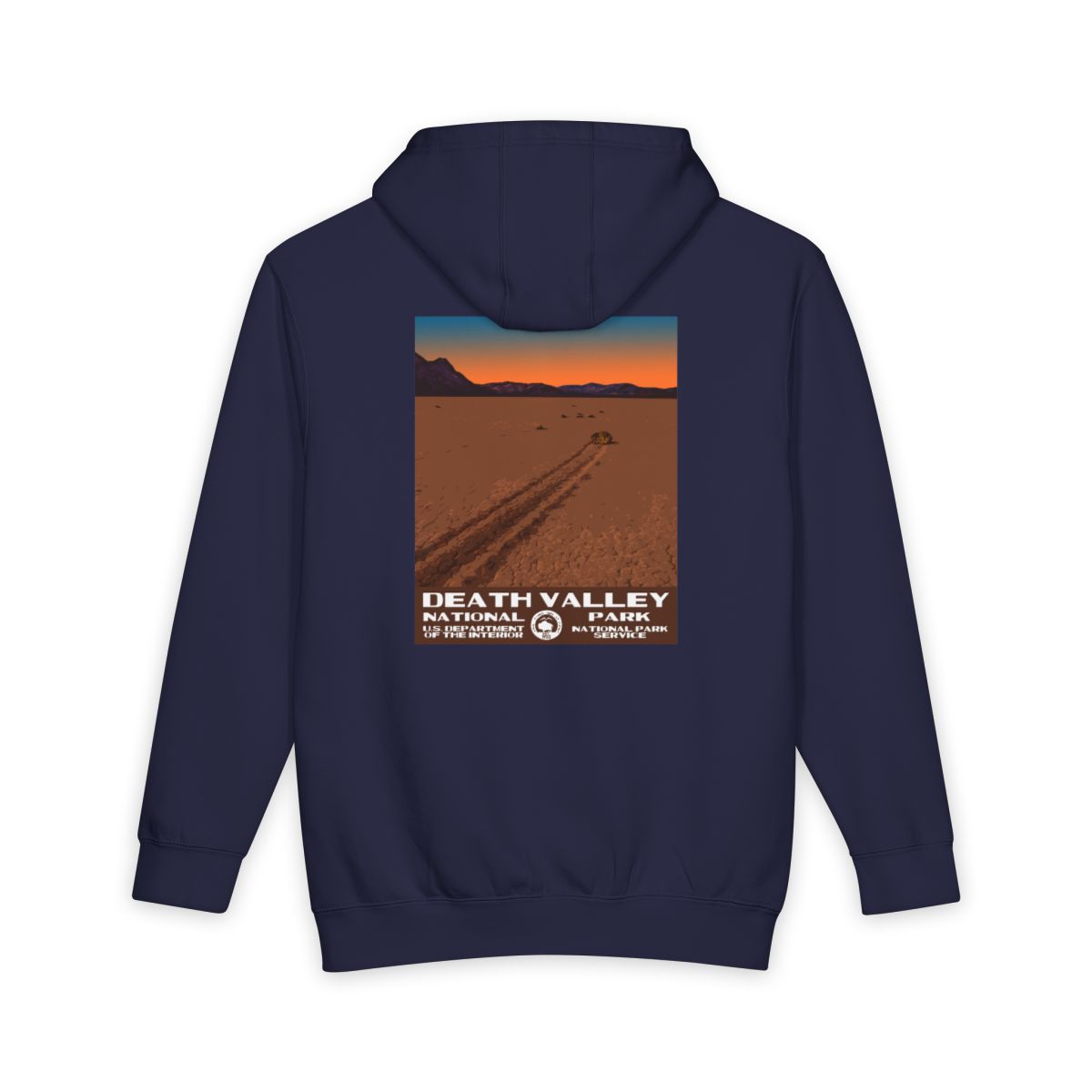 Navy Blue Death Valley National Park hoodie, back view with racetrack playa poster artwork