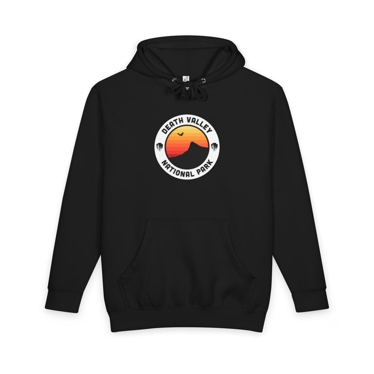 Black Death Valley National Park hoodie, front view with round emblem design