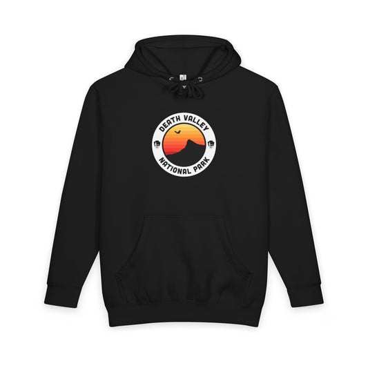 Black Death Valley National Park hoodie, front view with round emblem design