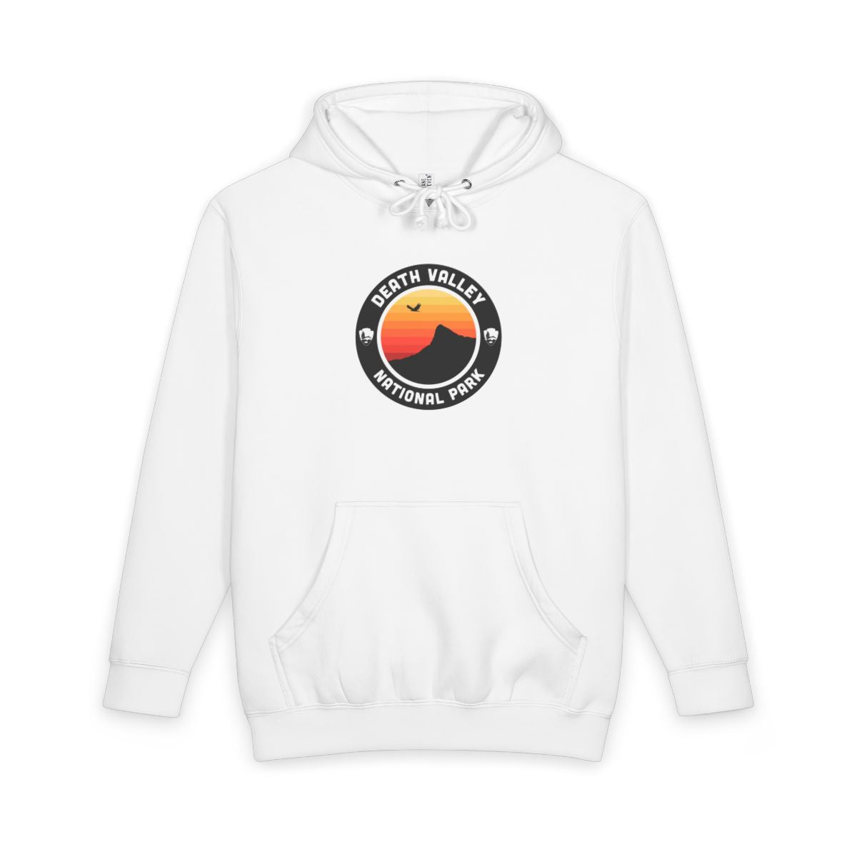 White Death Valley National Park hoodie, front view with round emblem design