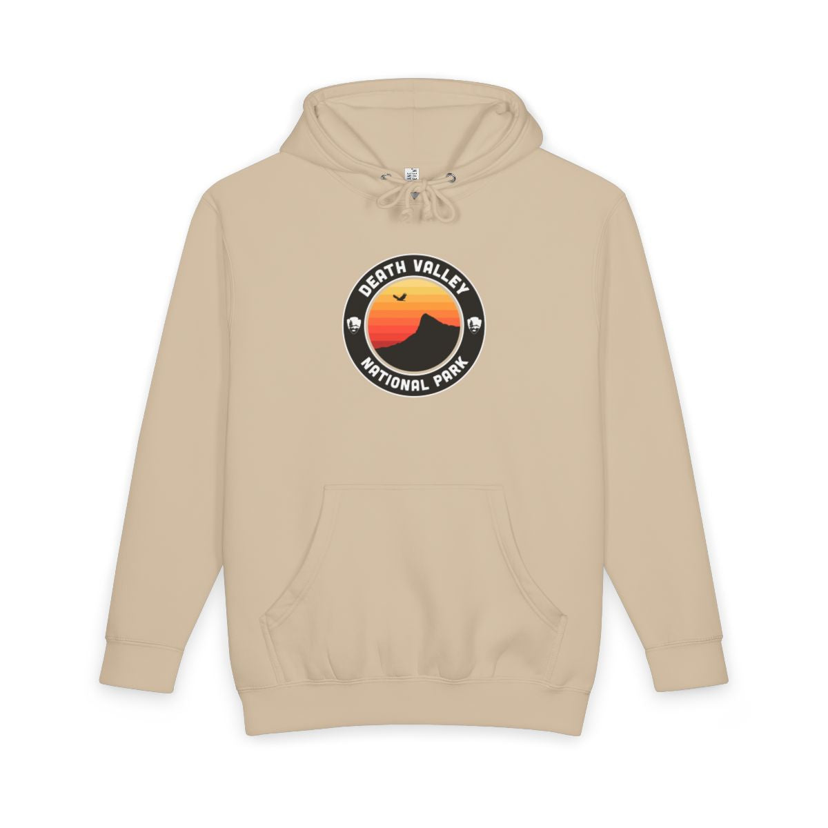 Mushroom Death Valley National Park hoodie, front view with round emblem design