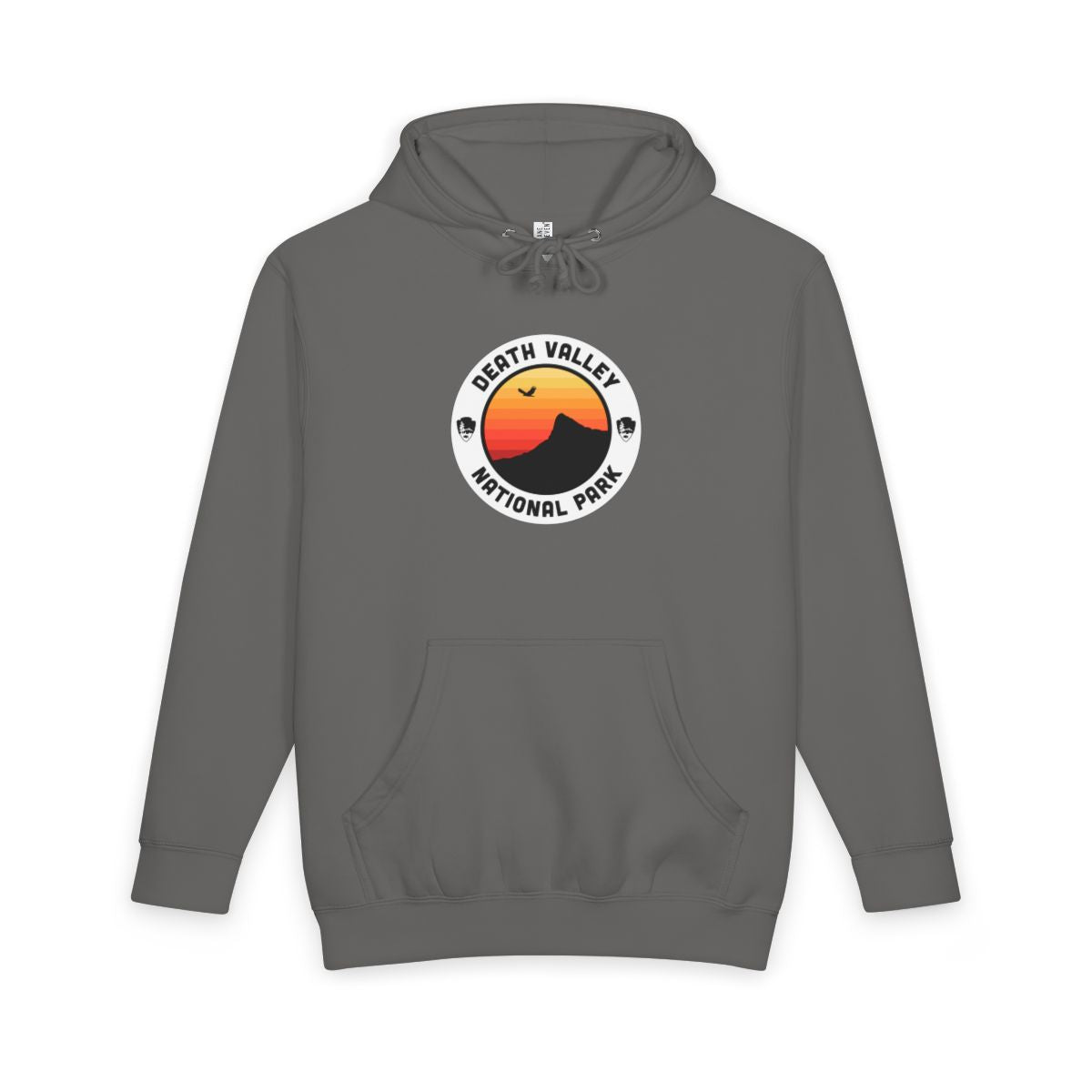 Storm Death Valley National Park hoodie, front view with round emblem design