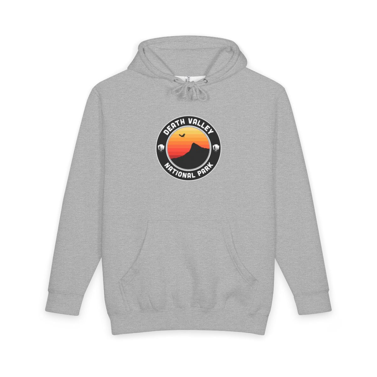 Heather Grey Death Valley National Park hoodie, front view with round emblem design