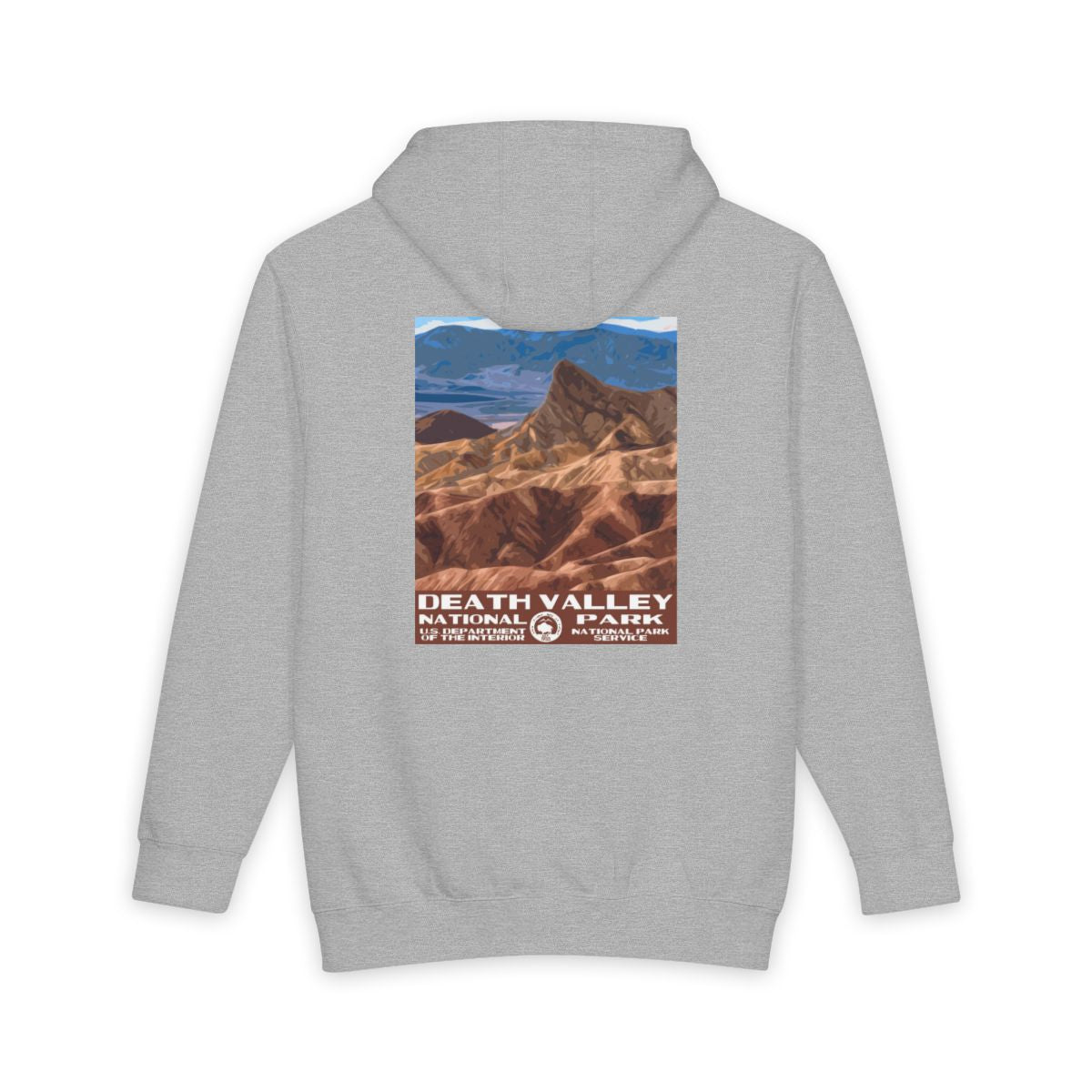 Heather Grey Death Valley National Park hoodie, back view with national park poster artwork