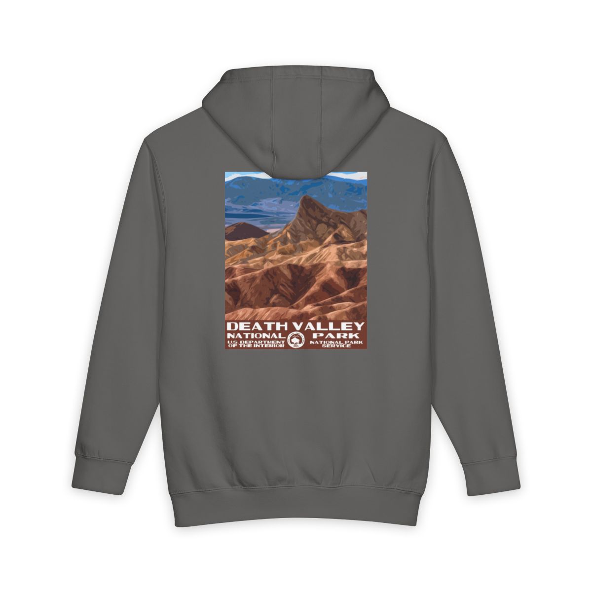Storm Death Valley National Park hoodie, back view with national park poster artwork