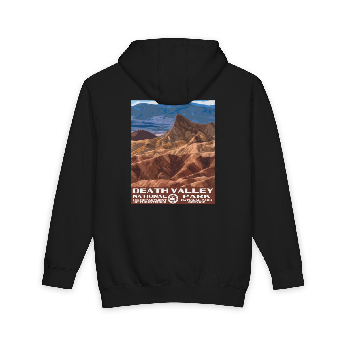 Black Death Valley National Park hoodie, back view with national park poster artwork