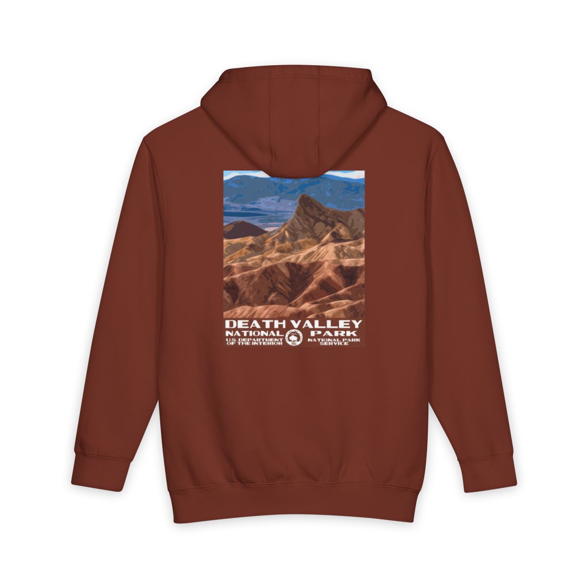 Paprika Death Valley National Park hoodie, back view with national park poster artwork