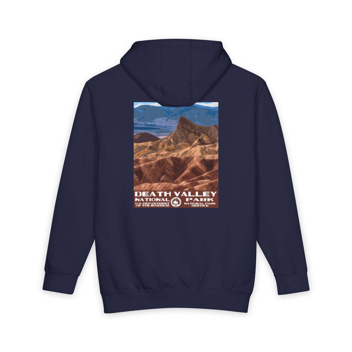 Navy Blue Death Valley National Park hoodie, back view with national park poster artwork