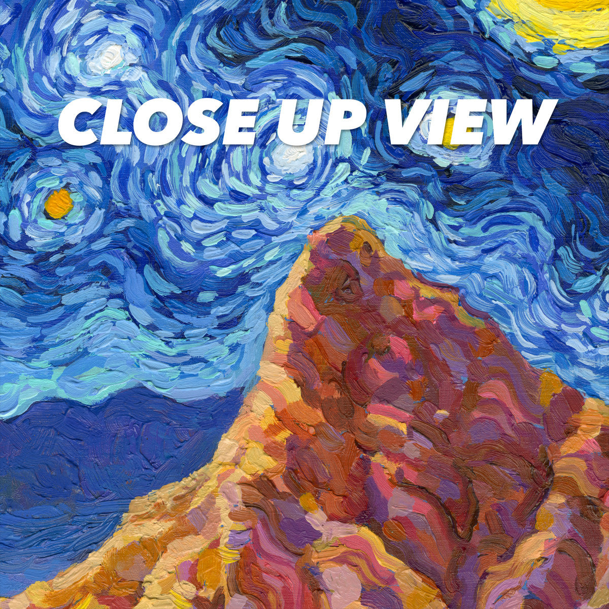 Close-up view of the Death Valley National Park Starry Night poster artwork, showing colorful Van Gogh-inspired brushwork
