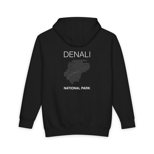 Black Denali National Park hoodie, back view with topographic line design