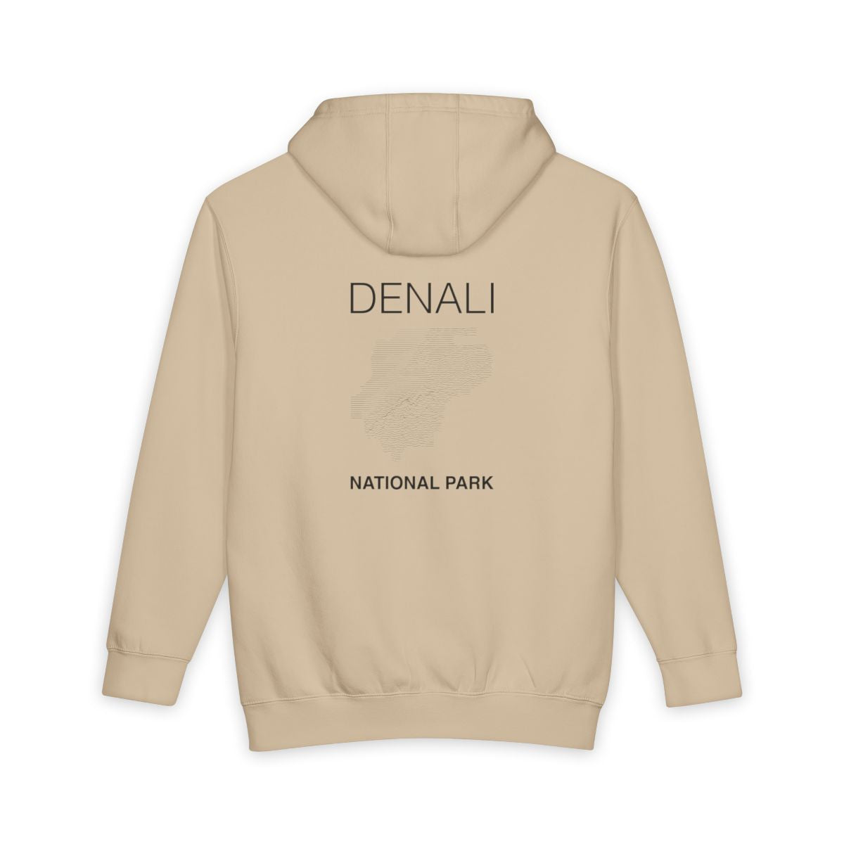 Mushroom Denali National Park hoodie, back view with topographic line design
