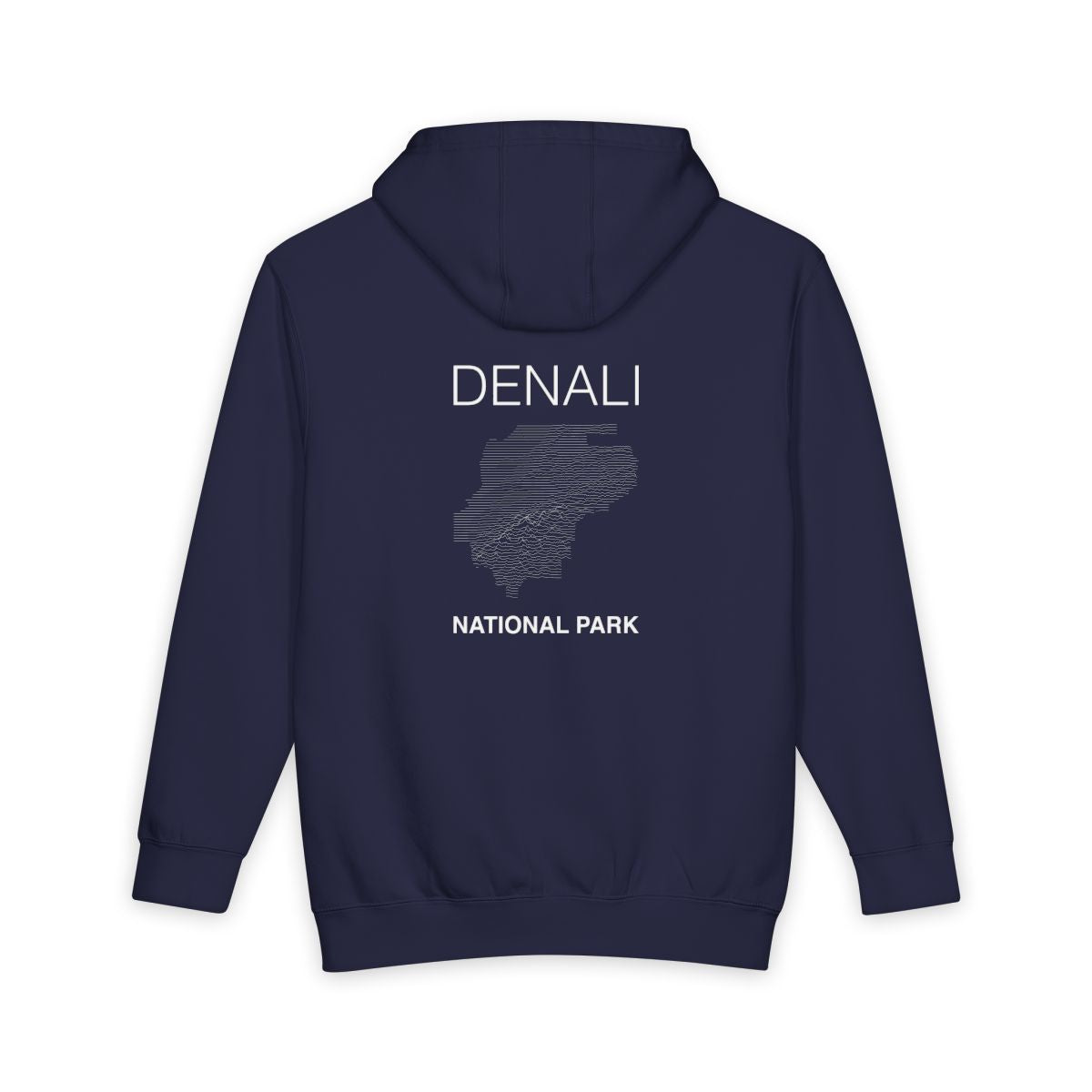 Navy Blue Denali National Park hoodie, back view with topographic line design