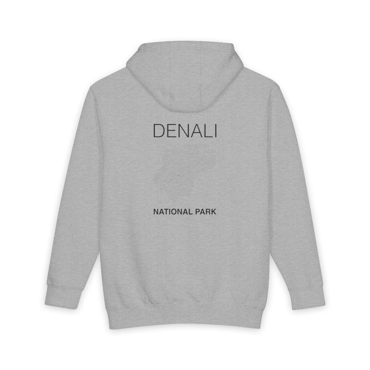 Heather Grey Denali National Park hoodie, back view with topographic line design