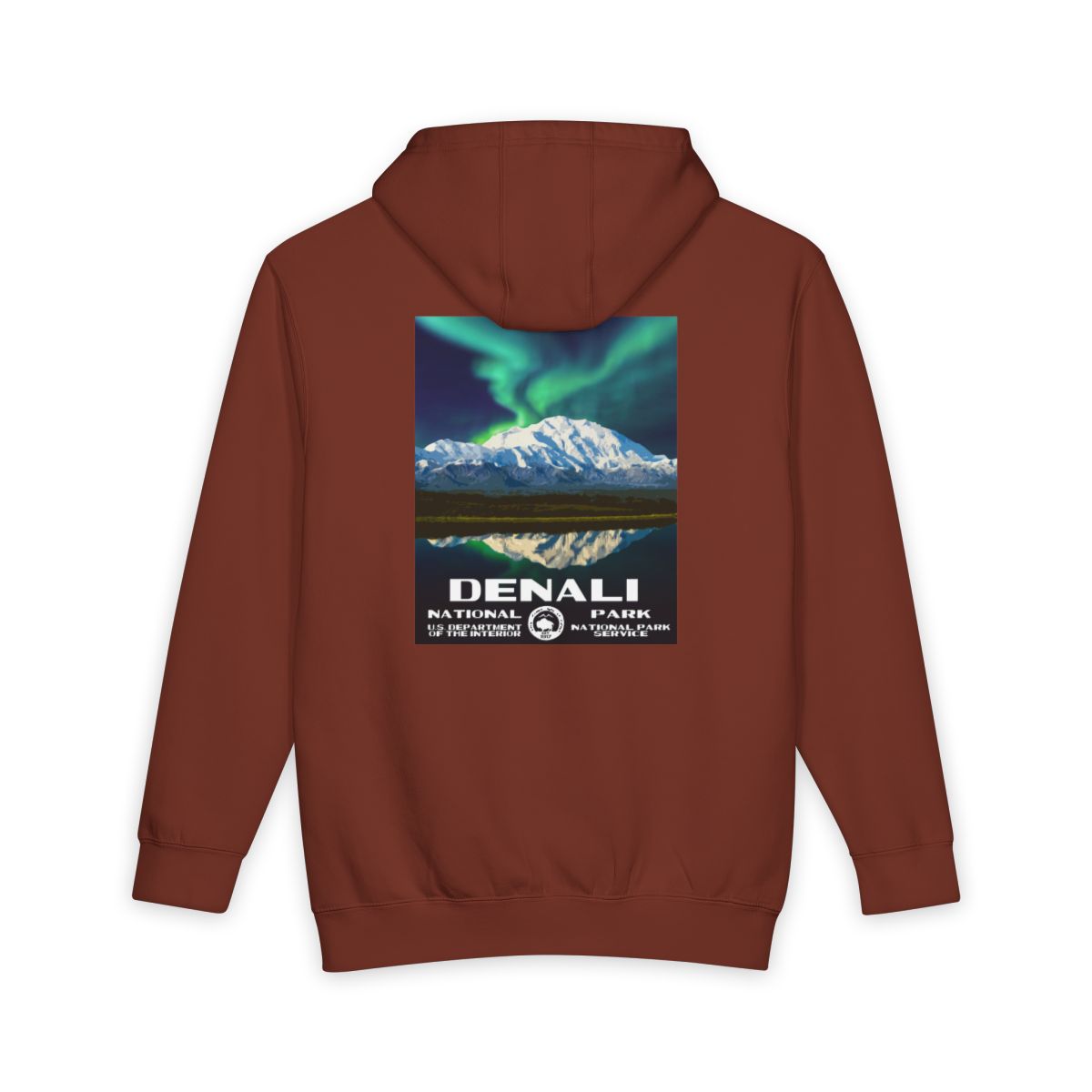 Paprika Denali National Park hoodie, back view with national park poster artwork
