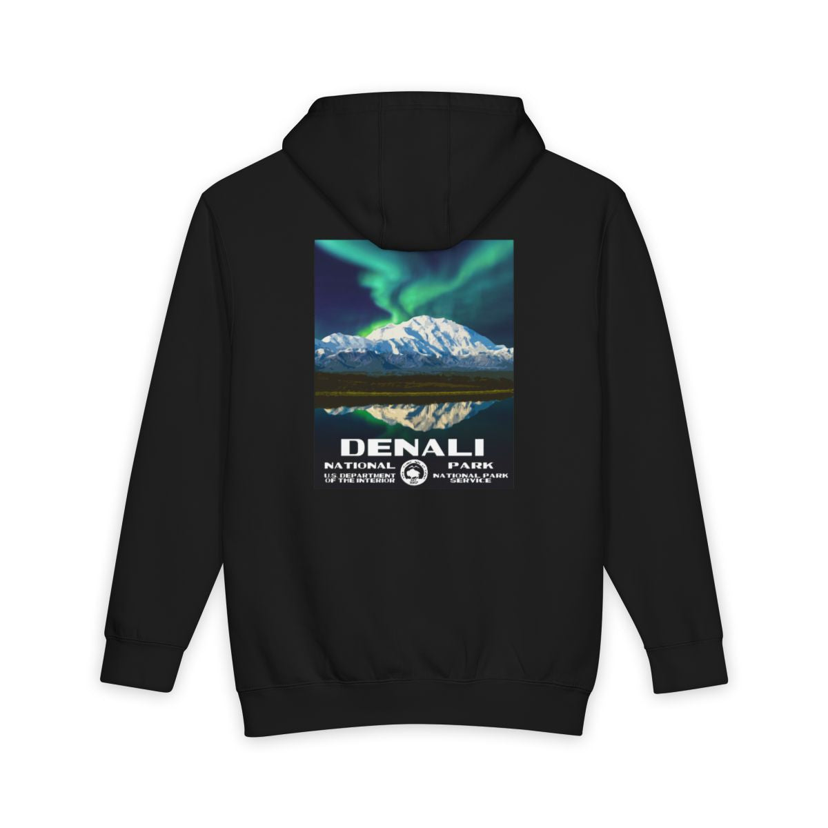 Black Denali National Park hoodie, back view with national park poster artwork