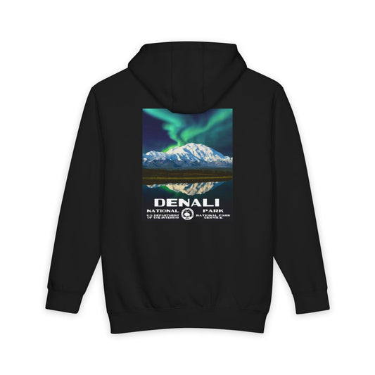 Black Denali National Park hoodie, back view with national park poster artwork