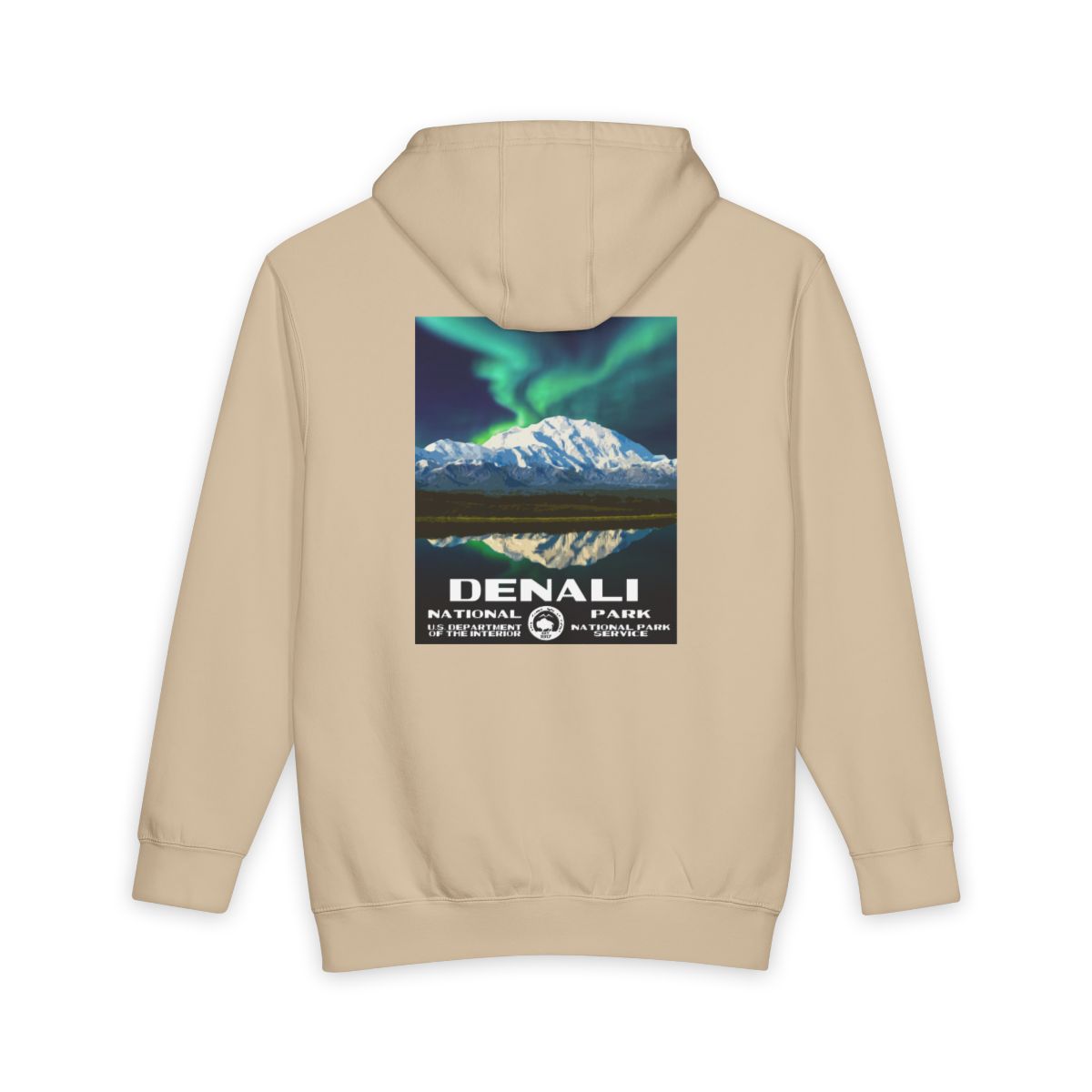 Mushroom Denali National Park hoodie, back view with national park poster artwork