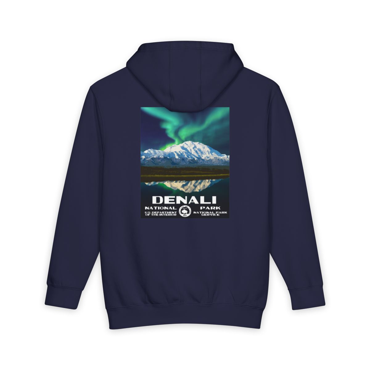 Navy Blue Denali National Park hoodie, back view with national park poster artwork