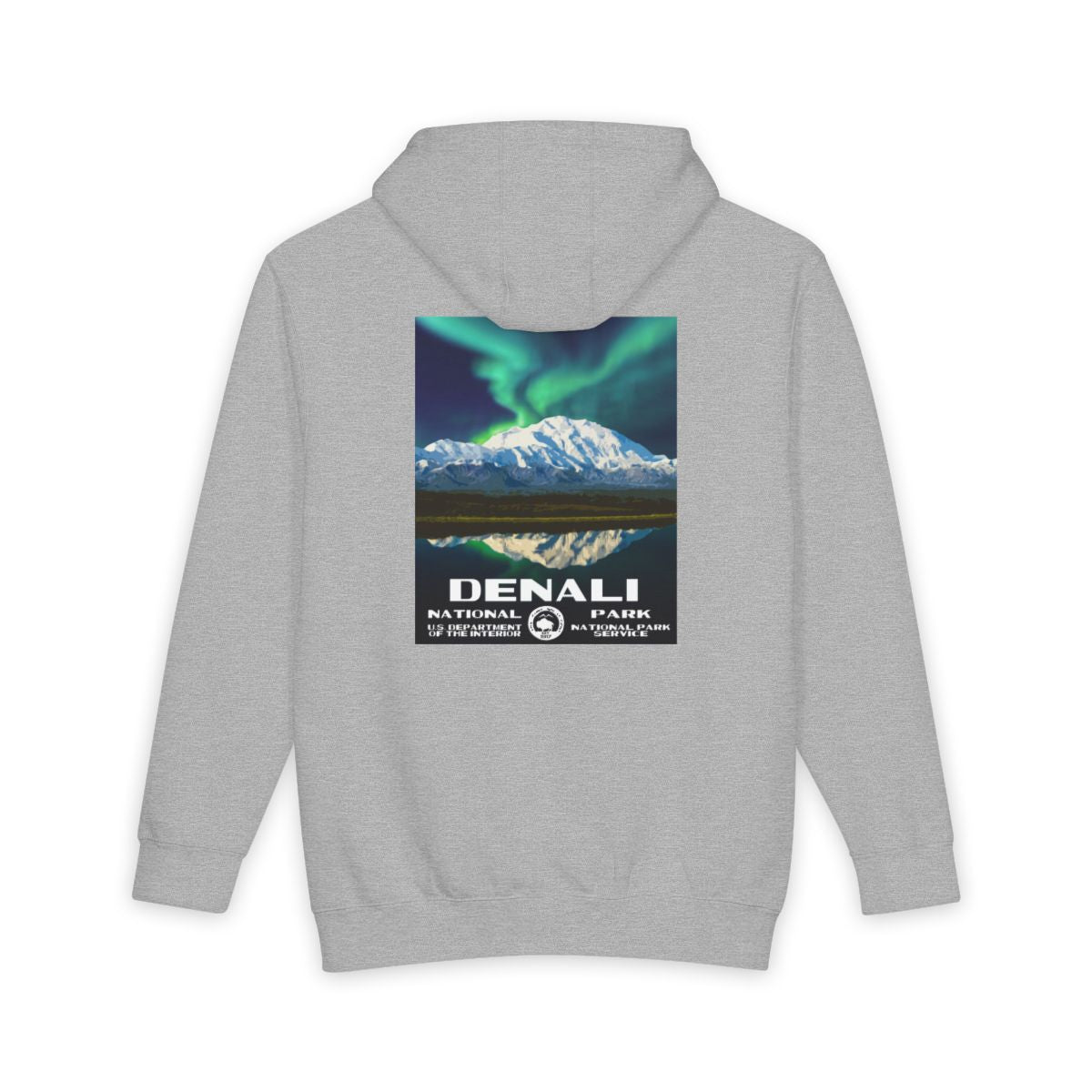 Heather Grey Denali National Park hoodie, back view with national park poster artwork