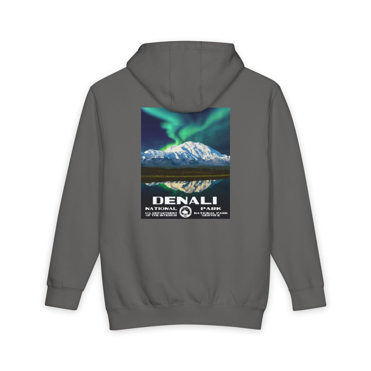 Storm Denali National Park hoodie, back view with national park poster artwork
