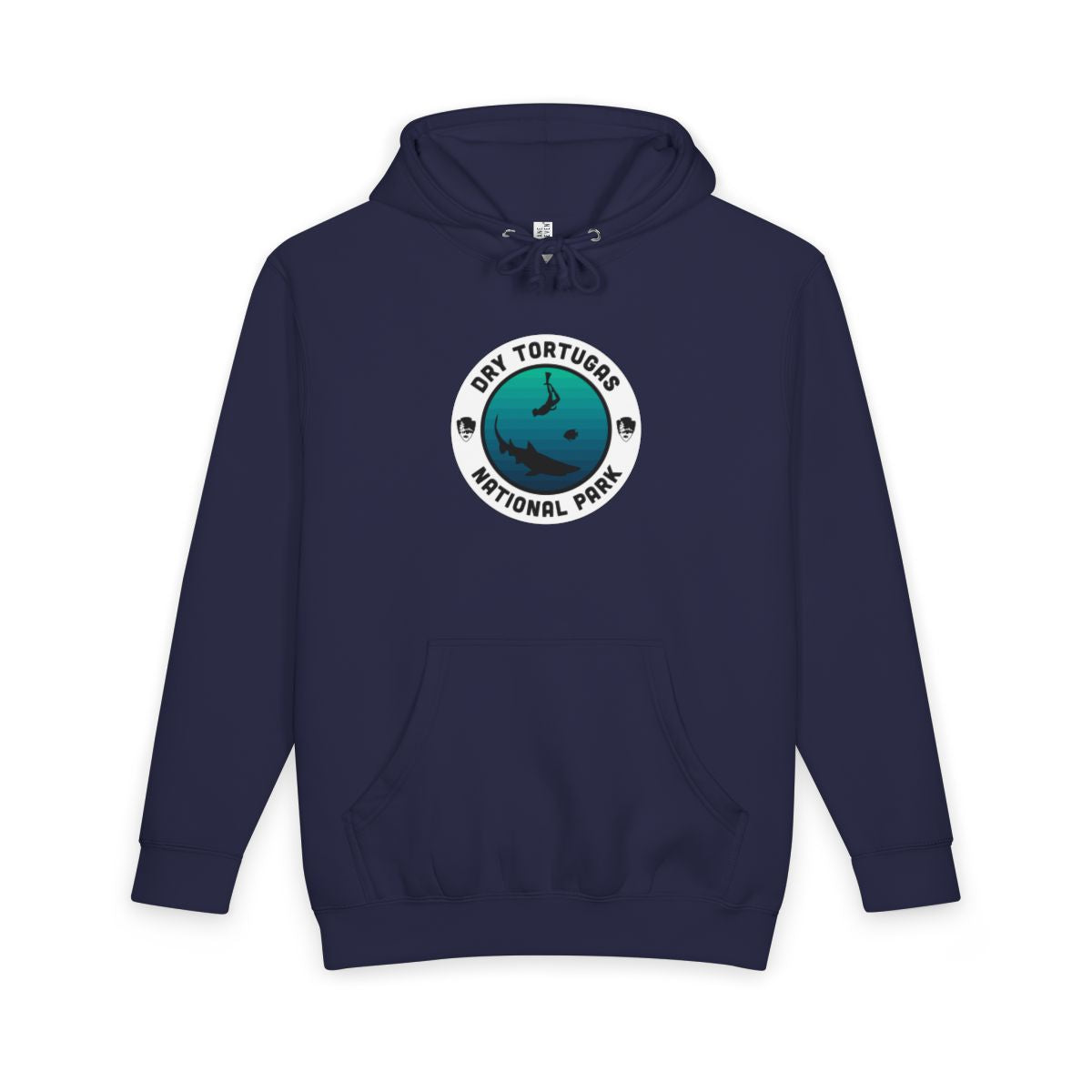 Navy Blue Dry Tortugas National Park hoodie, front view with round emblem design