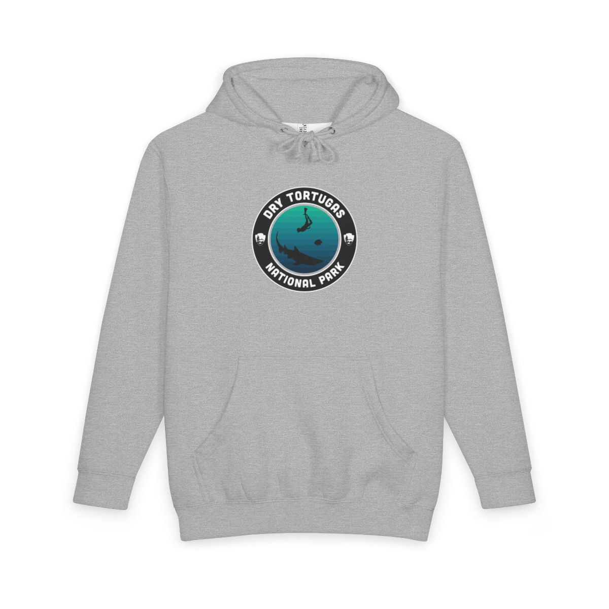 Heather Grey Dry Tortugas National Park hoodie, front view with round emblem design