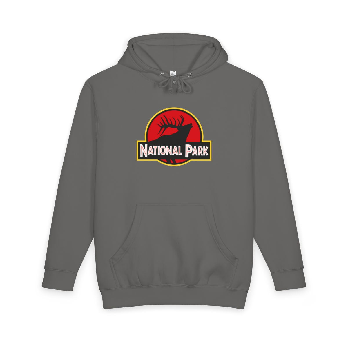 Storm Elk National Park hoodie, front view with parody logo