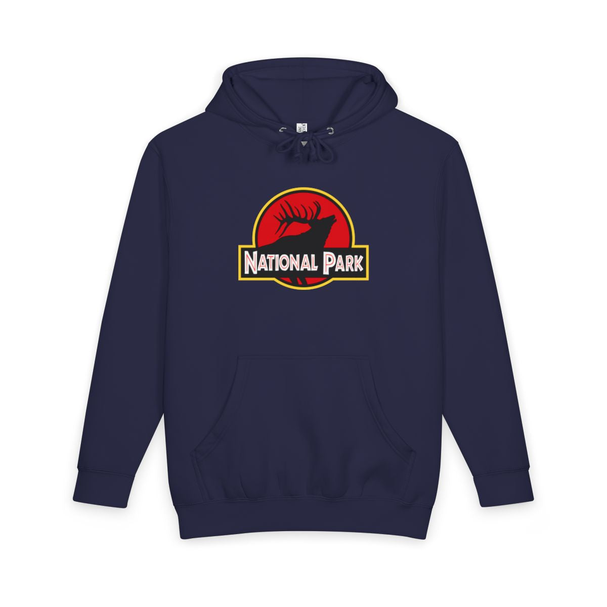 Navy Blue Elk National Park hoodie, front view with parody logo