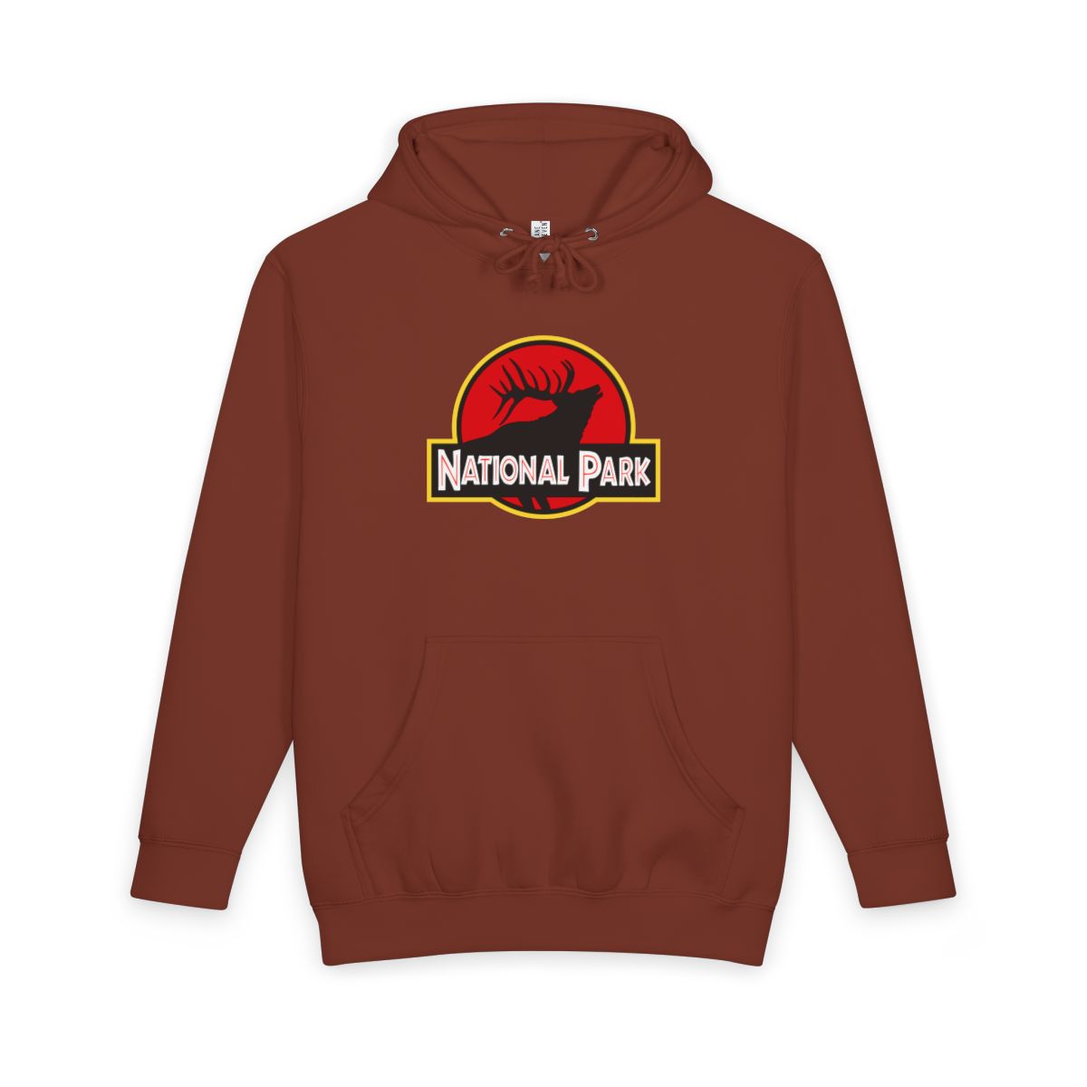 Paprika Elk National Park hoodie, front view with parody logo