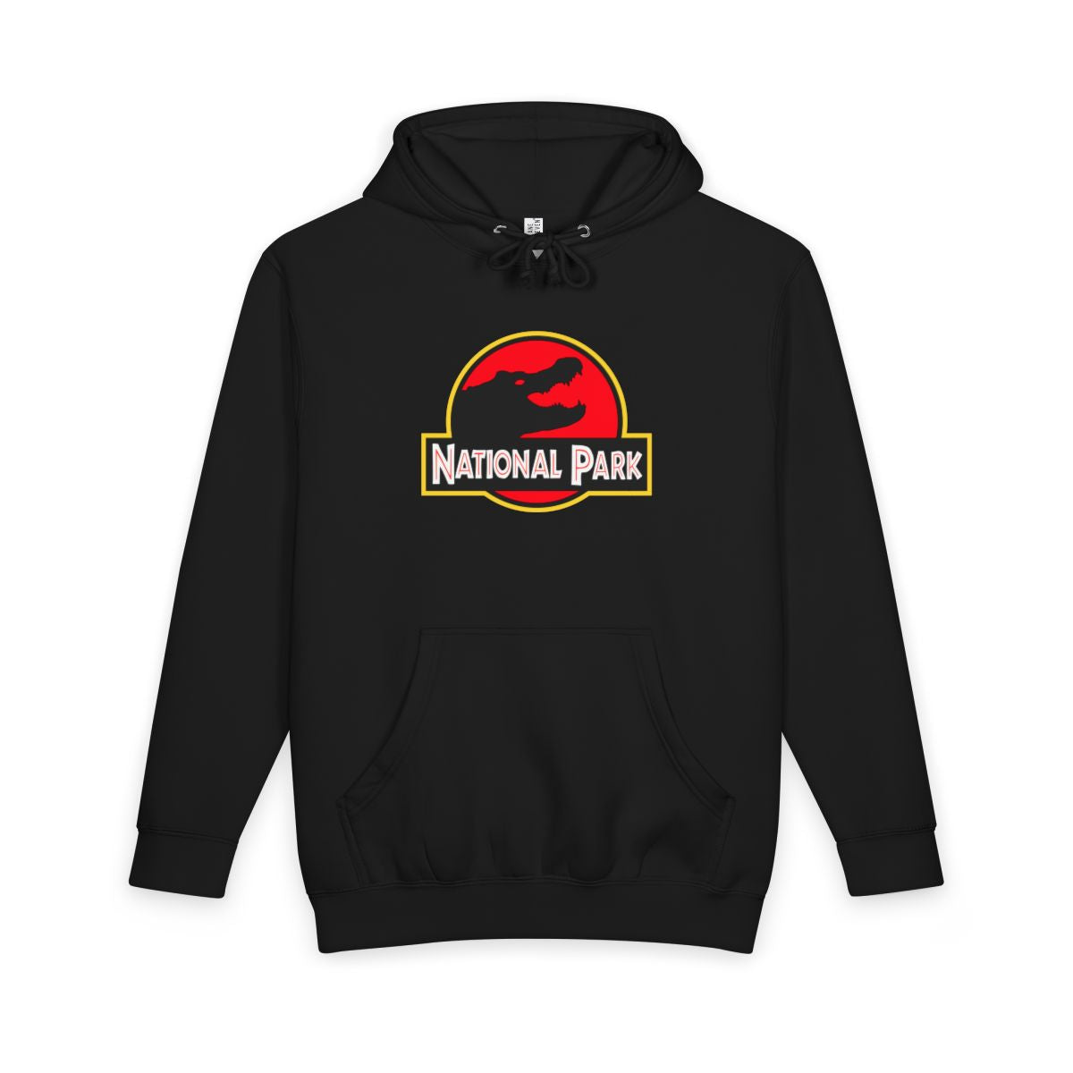 Black Everglades National Park hoodie, front view with parody logo