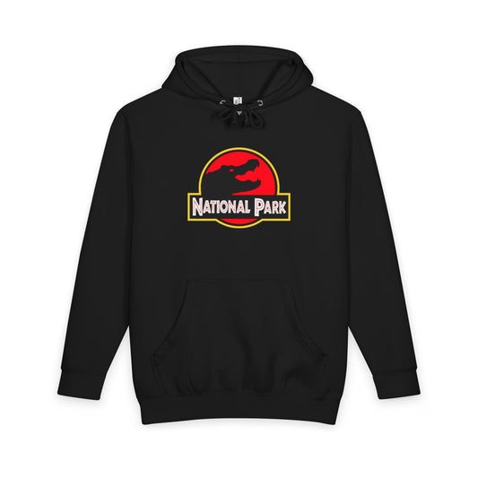 Black Everglades National Park hoodie, front view with parody logo