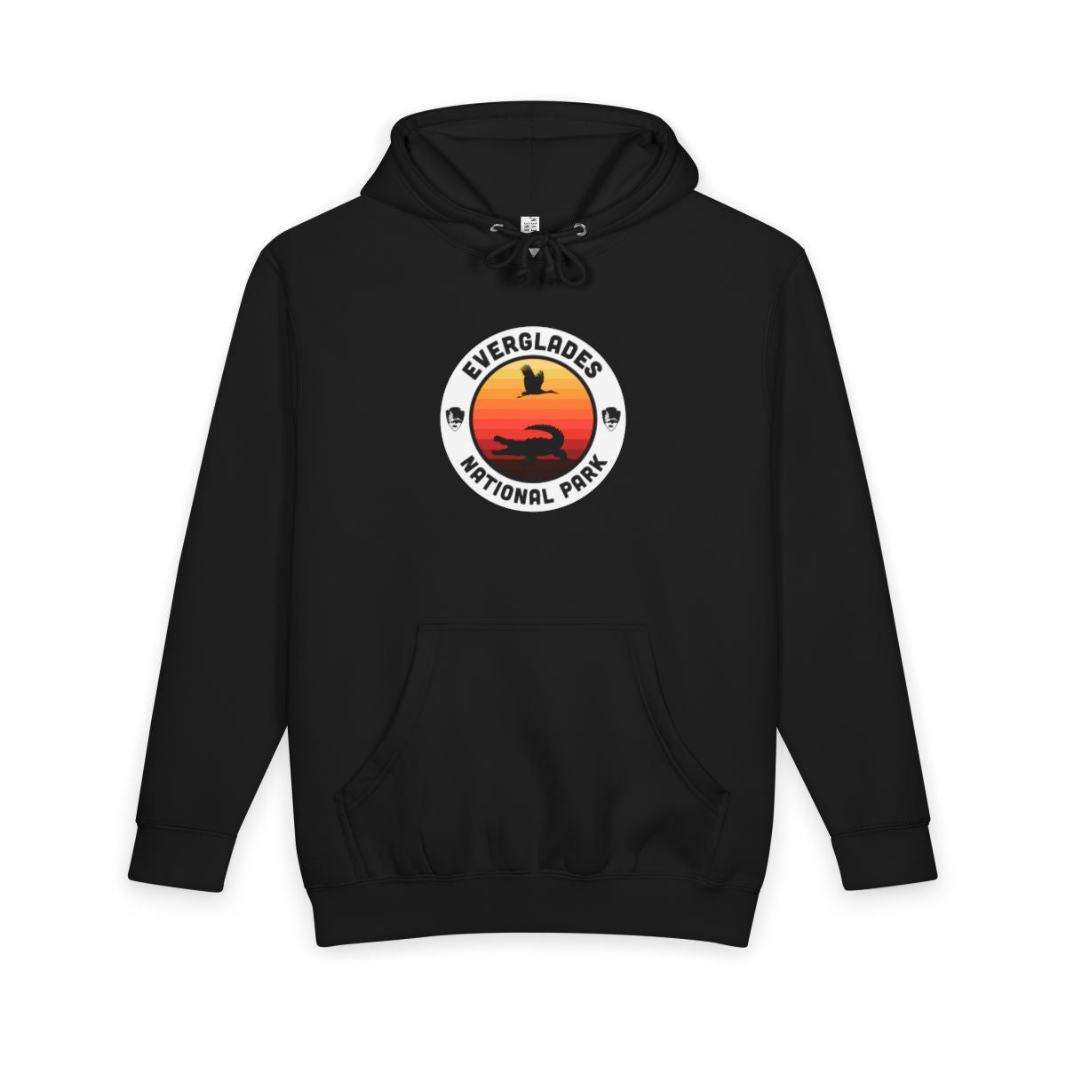 Black Everglades National Park hoodie, front view with round emblem design