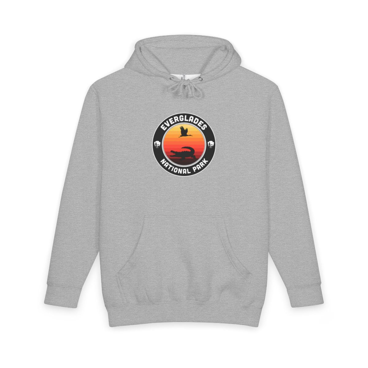 Heather Grey Everglades National Park hoodie, front view with round emblem design