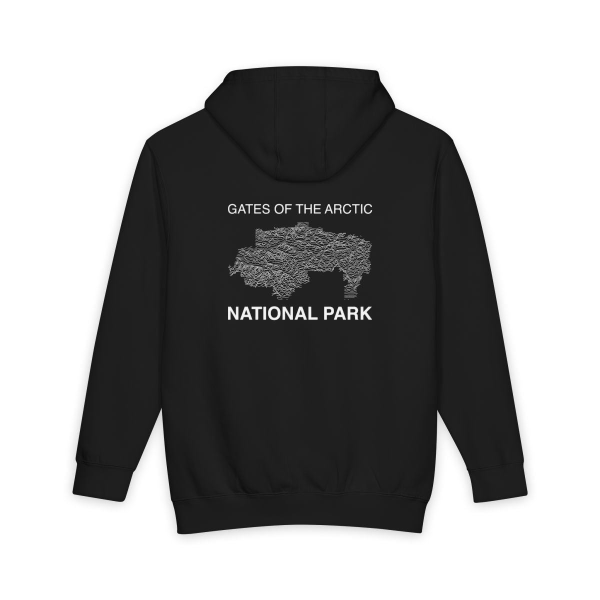 Black Gates of the Arctic National Park hoodie, back view with topographic line design