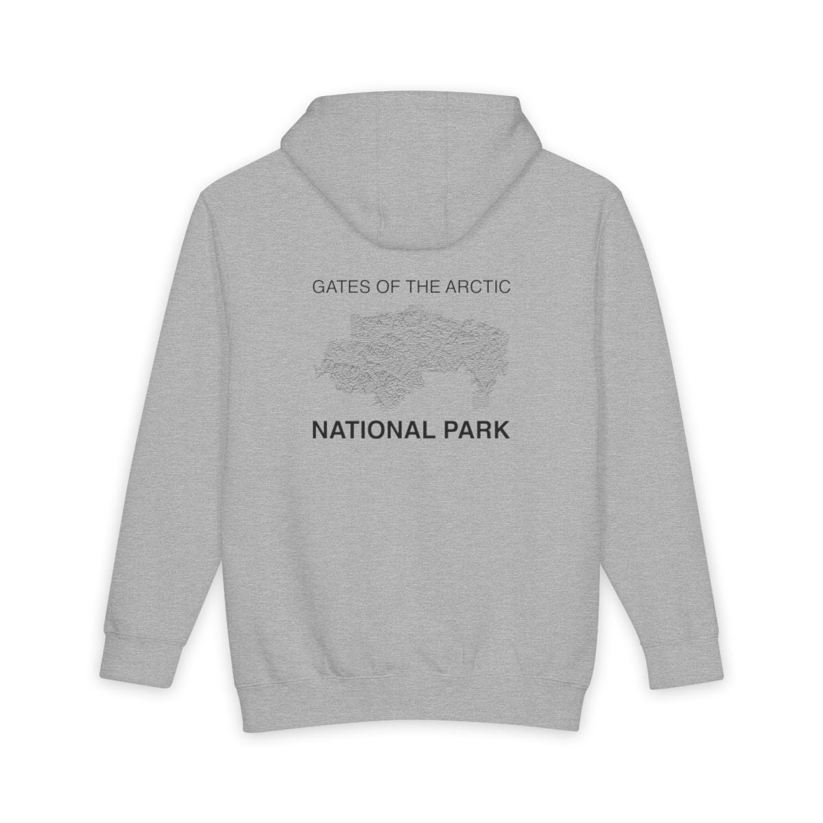 Heather Grey Gates of the Arctic National Park hoodie, back view with topographic line design