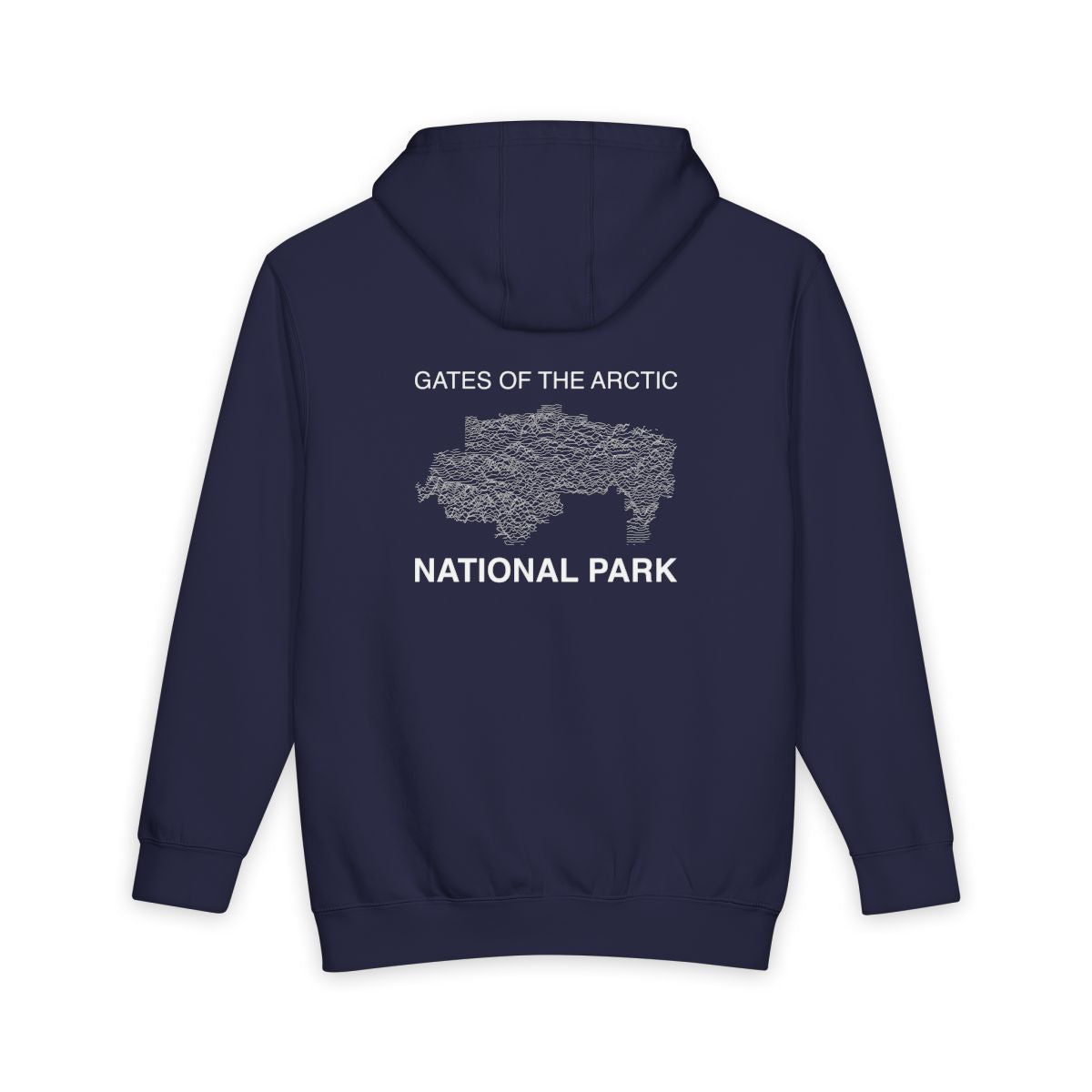 Navy Blue Gates of the Arctic National Park hoodie, back view with topographic line design