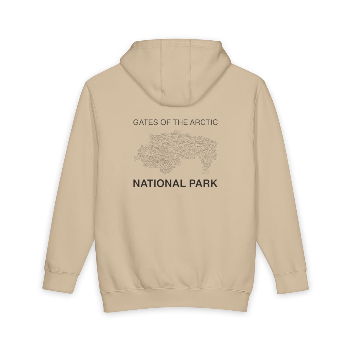 Mushroom Gates of the Arctic National Park hoodie, back view with topographic line design