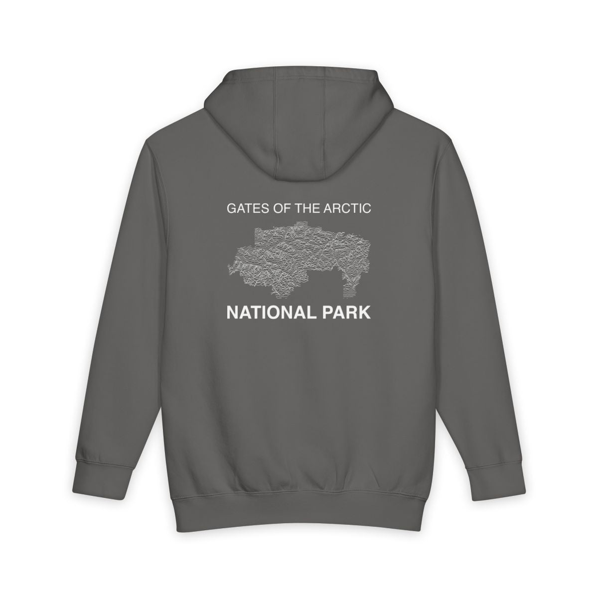 Storm Gates of the Arctic National Park hoodie, back view with topographic line design
