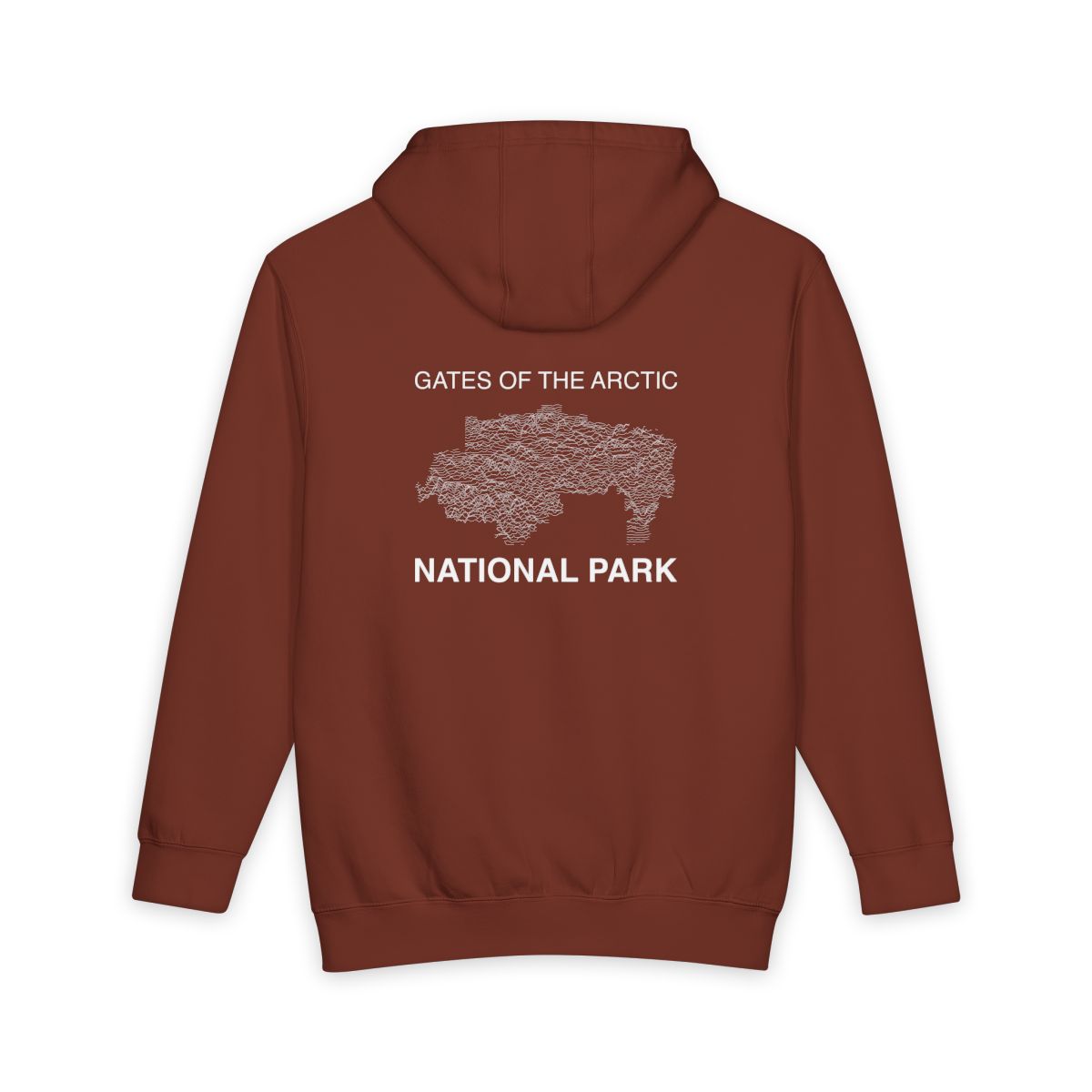 Paprika Gates of the Arctic National Park hoodie, back view with topographic line design