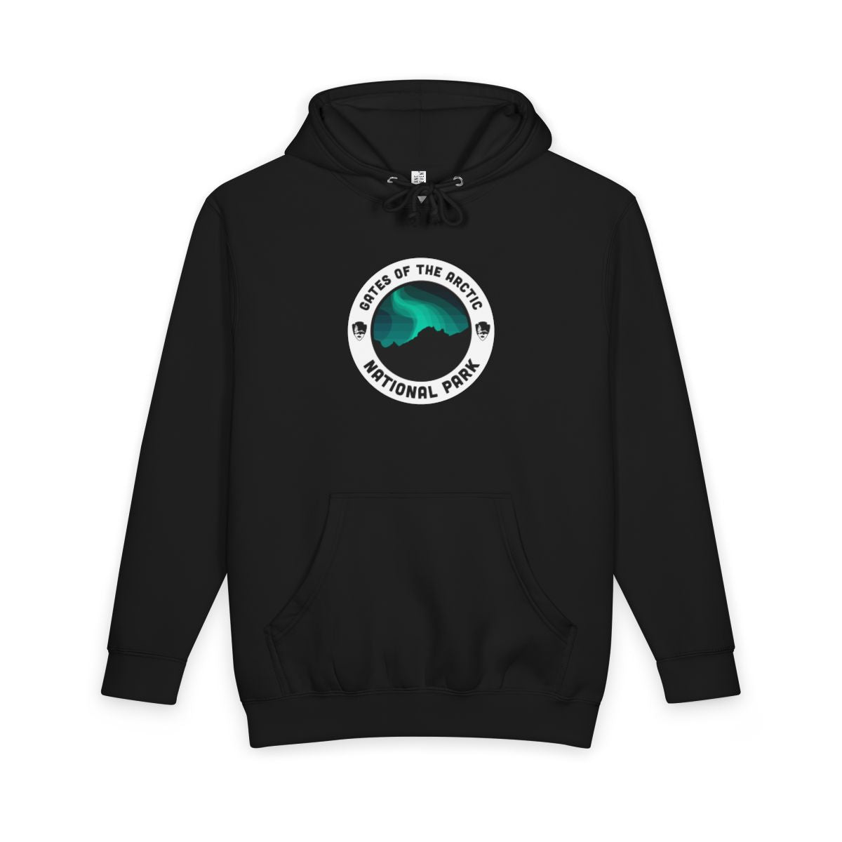 Black Gates of the Arctic National Park hoodie, front view with round emblem design