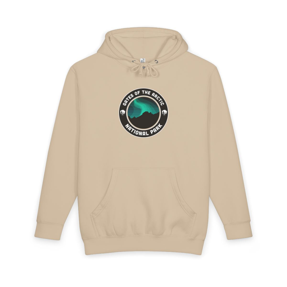 Mushroom Gates of the Arctic National Park hoodie, front view with round emblem design